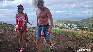 Deviating raunchy activities publicly in ocean and on mountain with giant knob and minimal wet crack